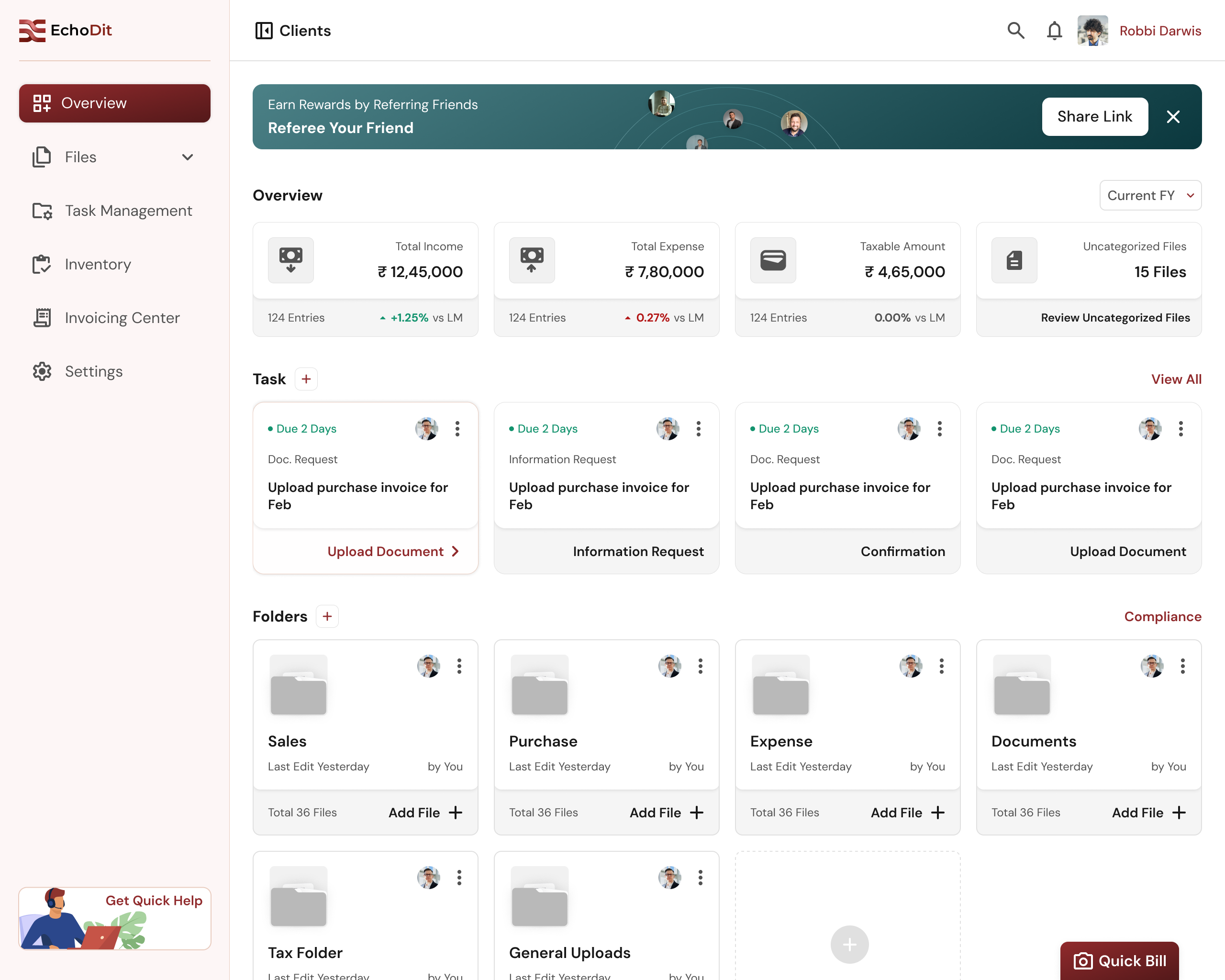 GST document management dashboard showing document uploads and CA collaboration